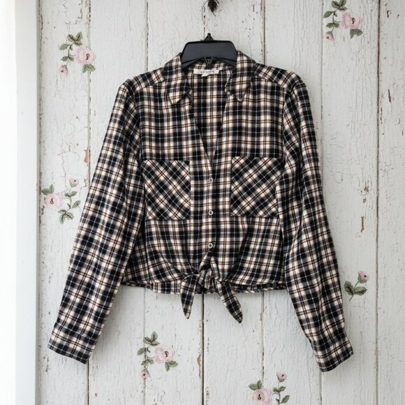 Lily Star* Plaid Crop-Top Multicolor* Long Sleeve* Tie Bow at bottom* Size: M - Picture 1 of 8